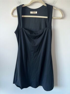 Qinsen Black Athletic Mini Dress Stretch Square Neck Sleeveless Chic Lined
